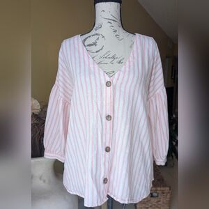 a.n.a Pink & White Striped Button Down Blouse XL 100% Cotton
